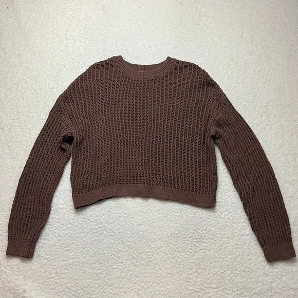 Old Navy Sweater Womens M Brown Open Knit Crochet Long Sleeve Cropped Pullover - Picture 2 of 8